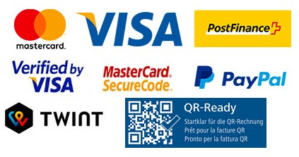 Mastercard, Visa, PosyFinance, PayPal, Twint, QR-Rechnung